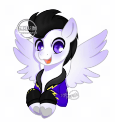 Size: 850x900 | Tagged: safe, artist:helithusvy, oc, oc only, oc:pipe dream, pegasus, pony, animated, black hair, blinking, clothes, commission, commission open, cute, gif, happy, jacket, male, open mouth, pegasus oc, purple eyes, shadowbolts, simple background, smiling, solo, white background, your character here