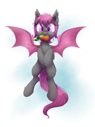 Size: 1455x1948 | Tagged: safe, artist:confetticakez, oc, oc only, oc:fruitful melody, bat pony, pony, cute, cute little fangs, eating, fangs, female, flying, food, fruit, herbivore, looking at you, mango, mare, mouth hold, ocbetes, request, simple background, solo, spread wings, wings