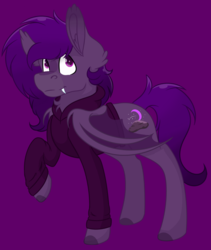 Size: 2109x2496 | Tagged: safe, artist:rokosmith26, oc, oc only, oc:midnight purple, bat pony, pony, bat pony oc, chest fluff, clothes, colored hooves, colored muzzle, cutie mark, ear fluff, fangs, high res, hoodie, raised hoof, simple background, transparent wings, wings