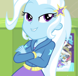 Size: 1101x1080 | Tagged: safe, screencap, trixie, equestria girls, equestria girls specials, g4, my little pony equestria girls: better together, my little pony equestria girls: forgotten friendship, barrette, canterlot high, clothes, cropped, crossed arms, cute, diatrixes, female, hallway, hoodie, lip bite, lockers, looking at you, solo, trixie's poster