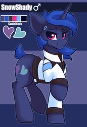 Size: 1100x1600 | Tagged: safe, artist:shadowreindeer, oc, oc only, oc:snowshady, android, pony, robot, robot pony, unicorn, abstract background, clothes, color palette, cosplay, costume, detroit: become human, ear fluff, jacket, looking at you, male, reference sheet, rk900, solo, stallion
