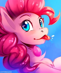 Size: 1000x1200 | Tagged: safe, artist:lostdreamm, pinkie pie, earth pony, pony, :p, abstract background, bust, chest fluff, cute, diapinkes, female, looking at you, mare, mlem, portrait, raspberry, silly, solo, tongue out