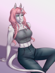 Size: 1789x2376 | Tagged: safe, artist:askbubblelee, oc, oc only, oc:rosie quartz, unicorn, anthro, unguligrade anthro, abs, anthro oc, athletic, belly button, biceps, braid, curved horn, digital art, eyelashes, female, fit, hair braid, hair braiding, horn, leonine tail, long hair, long mane, mare, midriff, muscles, muscular female, scar, sitting, smiling, smug, solo, toned, toned female, tube top