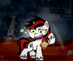 Size: 500x420 | Tagged: safe, artist:uteuk, oc, oc only, oc:blackjack, pony, unicorn, fallout equestria, fallout equestria: project horizons, g4.5, my little pony: pony life, alcohol, bottle, colored sclera, fanfic, fanfic art, female, hooves, horn, mare, open mouth, small horn, solo, wasteland, whiskey, wild pegasus, yellow sclera