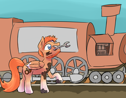 Size: 2000x1563 | Tagged: safe, artist:fluor1te, oc, oc only, oc:geartrain, pegasus, pony, locomotive, looking up, male, motor oil, oil, raised hoof, side view, solo, stain, stallion, train, train tracks, wrench