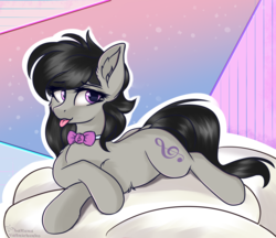 Size: 2500x2160 | Tagged: safe, alternate version, artist:lakunae, octavia melody, earth pony, pony, g4, bowtie, cute, ear fluff, female, high res, hooves, lying down, magic, mare, octavia's bowtie, pillow, prone, simple background, solo, tongue out