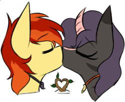 Size: 586x477 | Tagged: safe, artist:rice, edit, oc, oc only, oc:dazzling flash, oc:maple syrup, changeling, kirin, zebra, changeling oc, cropped, disguise, disguised changeling, duo, explicit source, eyes closed, heart, jewelry, kirin oc, kissing, mapling, necklace, tree, two toned hair, zebra oc