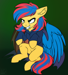 Size: 3072x3408 | Tagged: safe, artist:airfly-pony, oc, oc only, oc:starflame blood, pony, clothes, ear fluff, fangs, high res, hoodie, patreon, patreon reward, reward, solo, wings
