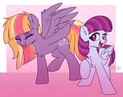 Size: 1280x1010 | Tagged: safe, artist:puetsua, oc, oc only, oc:morning mistral, oc:windstrom, pegasus, pony, commission, eyes closed, female, gradient background, looking at you, mare, pink background, simple background, smiling, tongue out