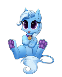 Size: 2196x2713 | Tagged: safe, artist:confetticakez, trixie, cat, hybrid, pony, sphinx, unicorn, collar, cute, diatrixes, female, fluffy, high res, looking at you, paw pads, paws, pet tag, simple background, sitting, solo, species swap, sphinxified, toe beans, tongue out, underpaw, white background