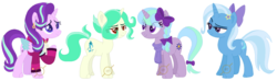 Size: 1384x410 | Tagged: safe, artist:g0ldentoothpick, starlight glimmer, trixie, oc, oc:ember sparks, oc:satellite nebula, pony, g4, base used, family, female, half-siblings, lesbian, magical lesbian spawn, offspring, parent:starlight glimmer, parent:sunburst, parent:trixie, parents:starburst, parents:startrix, ship:startrix, shipping, step-parent and step-child