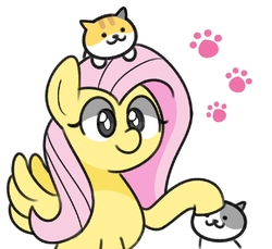 Size: 841x771 | Tagged: safe, artist:handgunboi, fluttershy, cat, pegasus, pony, g4, cute, female, mare, paw prints, petting, shyabetes, simple background, solo, white background