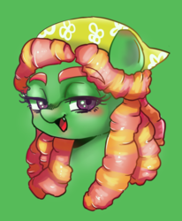 Size: 723x879 | Tagged: safe, artist:noumiso, tree hugger, pony, g4, blushing, bust, cute, cute little fangs, eyebrows, eyebrows visible through hair, fangs, female, green background, lidded eyes, mare, open mouth, portrait, simple background, solo