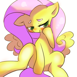 Size: 600x600 | Tagged: safe, artist:_no_tarin, artist:misocha, fluttershy, pegasus, pony, g4, bedroom eyes, blushing, cute, female, floppy ears, mare, shyabetes, simple background, sitting, smiling, solo, spread wings, white background, wings