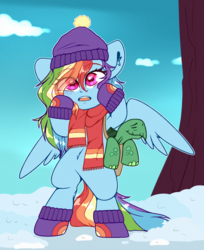 Size: 2200x2700 | Tagged: safe, artist:etoz, rainbow dash, tank, pegasus, pony, tortoise, g4, bipedal, clothes, cute, dashabetes, eye clipping through hair, female, hat, high res, open mouth, scarf, snow, solo, wingding eyes, wings, winter, winter outfit