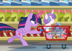 Size: 1336x938 | Tagged: safe, screencap, princess flurry heart, twilight sparkle, alicorn, pony, a flurry of emotions, g4, aunt and niece, cropped, determined, duo, female, glowing horn, horn, pushing, shopping cart, toy, twilight sparkle (alicorn)