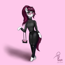 Size: 2048x2048 | Tagged: safe, artist:shanadessaint, oc, oc only, oc:plava, unicorn, anthro, chic, clothes, cute, green eyes, high res, long hair, long mane, long tail, original character do not steal, pink, pinkbackground, plava, solo, sunglasses, sweet, wearing human clothes