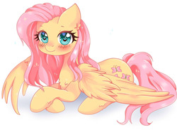 Size: 1200x876 | Tagged: safe, artist:perlshow, fluttershy, pegasus, pony, g4, blushing, chest fluff, crossed hooves, cute, female, looking at you, mare, prone, shyabetes, simple background, solo, spread wings, three quarter view, white background, wings
