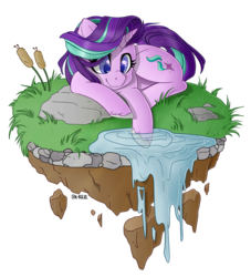 Size: 1024x1128 | Tagged: safe, artist:sk-ree, starlight glimmer, pony, unicorn, g4, cute, dirt cube, female, floating island, glimmerbetes, lying down, mare, prone, simple background, smiling, solo, transparent background, unshorn fetlocks, water