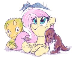 Size: 2787x2160 | Tagged: safe, artist:lbrcloud, fluttershy, dinosaur, pegasus, pony, pteranodon, pterosaur, triceratops, tyrannosaurus rex, g4, cute, female, high res, mare, open mouth, prone, shyabetes, simple background, solo, white background