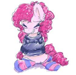Size: 2502x2479 | Tagged: safe, artist:lbrcloud, pinkie pie, earth pony, pony, g4, blushing, clothes, cute, diapinkes, ear fluff, eyes closed, female, high res, hoodie, mare, simple background, sitting, smiling, socks, solo, striped socks, white background
