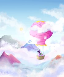 Size: 3256x3907 | Tagged: safe, artist:lbrcloud, spike, twilight sparkle, alicorn, pony, g4, chest fluff, cloud, duo, ear fluff, high res, hot air balloon, intro, mountain, opening, scene interpretation, scenery, sky, sun, twilight sparkle (alicorn)