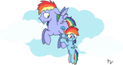 Size: 1013x538 | Tagged: safe, artist:graciegirl328, rainbow blaze, rainbow dash, pony, g4, blank flank, father and daughter, female, filly, filly rainbow dash, flying, male, scared, simple background, transparent background, younger