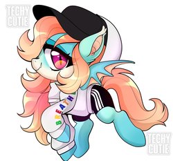 Size: 1313x1224 | Tagged: safe, artist:techycutie, oc, oc only, oc:sweet riot, bat pony, pony, bat pony oc, bat wings, clothes, compression shorts, cute, fangs, female, hat, hoodie, mare, slit pupils, solo, wings