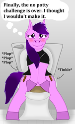 Size: 771x1280 | Tagged: safe, artist:small-brooke1998, oc, oc only, oc:outil, earth pony, pony, blushing, but why, clothes, female, happy, implied pissing, implied pooping, onomatopoeia, relief, shirt, sitting on toilet, solo, sound effects, toilet