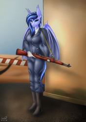Size: 2400x3400 | Tagged: safe, artist:catd-nsfw, oc, oc only, oc:gloom spectrum, alicorn, anthro, asphalt, bat wings, bored, clothes, gloves, high res, looking forward, m1 garand, necktie, outpost, post, solo, uniform, weapon, wings, ych result