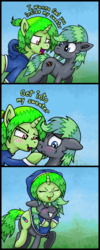 Size: 1324x3320 | Tagged: safe, artist:wellfugzee, oc, oc only, oc:bitter pill, oc:razzle, earth pony, pony, unicorn, pony town, blushing, clothes, comic, cute, cutie mark, female, freckles, hoodie, imminent snuggles, male, mare, ponies riding ponies, ponytail, riding, shared clothing, smiling, stallion, sweater