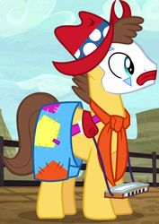 Size: 758x1070 | Tagged: safe, screencap, caramel, earth pony, pony, appleoosa's most wanted, g4, clown, cropped, harmonica, hat, male, musical instrument, necktie, rodeo clown, stallion