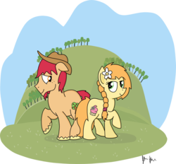 Size: 1037x961 | Tagged: safe, artist:graciegirl328, oc, oc only, earth pony, pony, applejack's parents, beard, cowboy hat, facial hair, female, flower, flower in hair, hat, headcanon, hilarious in hindsight, hill, male, mare, not bright mac, not pear butter, simple background, stallion, transparent background, unshorn fetlocks