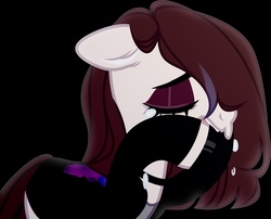 Size: 2659x2150 | Tagged: safe, artist:rerorir, oc, oc only, oc:cut crease, earth pony, pony, black background, choker, clothes, crying, depressed, eyeshadow, female, high res, jacket, leather jacket, makeup, mare, raised hoof, sad, shirt, simple background, solo, t-shirt