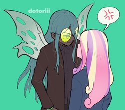 Size: 1602x1418 | Tagged: safe, artist:dotoriii, dean cadance, princess cadance, queen chrysalis, human, equestria girls, g4, blushing, cross-popping veins, duo, duo female, ears, female, glasses, green background, lesbian, looking at each other, looking at someone, pictogram, ship:cadalis, shipping, simple background, standing, winged humanization, wings