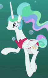 Size: 340x548 | Tagged: safe, screencap, princess celestia, alicorn, pony, between dark and dawn, g4, season 9, alternate hairstyle, bare hooves, bubble, clothes, cropped, cute, diving, female, folded wings, holding breath, mare, ponytail, smiling, solo, swimming, swimsuit, tail bun, underwater, wings