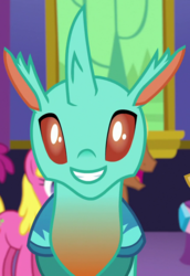 Size: 640x932 | Tagged: safe, screencap, cherry berry, cornicle, meadow song, changedling, changeling, celestial advice, g4, background changeling, cropped, looking at you, smiling, solo focus