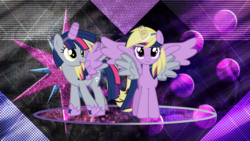 Size: 3840x2160 | Tagged: safe, artist:geometrymathalgebra, artist:laszlvfx, edit, derpy hooves, twilight sparkle, alicorn, pony, g4, clothes, cosplay, costume, duo, female, high res, mare, twilight sparkle (alicorn), wallpaper, wallpaper edit