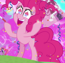 Size: 750x720 | Tagged: safe, screencap, pinkie pie, spike, twilight sparkle, alicorn, dragon, pony, g4, the ending of the end, bipedal, chaos, chaos pinkie, confetti, cropped, cupcake, food, solo focus, twilight sparkle (alicorn), wingding eyes, winged spike, wings, xk-class end-of-the-world scenario