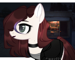 Size: 3600x2888 | Tagged: safe, artist:rerorir, oc, oc only, oc:cut crease, earth pony, pony, choker, clothes, female, freckles, high res, jacket, leather jacket, lip piercing, lipstick, mare, mascara, night, piercing, shirt, solo, t-shirt