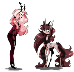 Size: 1280x1252 | Tagged: dead source, safe, artist:jxst-starly, artist:manella-art, oc, oc only, oc:manella, oc:umbra, deer, demon, pony, unicorn, anthro, anthro with ponies, clothes, collaboration, duo, duo female, female, hazbin hotel, hellaverse, looking at each other, mare, non-mlp oc, scarf, simple background, transparent background