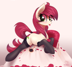 Size: 4131x3845 | Tagged: safe, artist:nevobaster, roseluck, earth pony, pony, g4, :p, abstract background, adorasexy, blushing, clothes, cute, daaaaaaaaaaaw, diabetes, eye clipping through hair, female, flower, looking at you, lying, makeup, mare, mascara, mirror, nevobaster is trying to murder us, pillow, purse, rosabetes, rose, sexy, simple background, smiling, socks, solo, stockings, tail wrap, thigh highs, tongue out, white background
