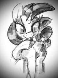 Size: 1134x1532 | Tagged: source needed, safe, artist:rarijackplz, rarity, pony, unicorn, g4, dreamworks face, female, hoof on chin, looking at you, mare, monochrome, smiling, solo, standing