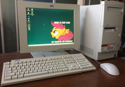 Size: 3030x2105 | Tagged: safe, scootaloo, pegasus, pony, g4, breaking the fourth wall, computer, computer mouse, desktop, high res, huddle, ibm, ibm pc, irl, keyboard, microsoft windows, monitor, photo, text, windows 98, wings