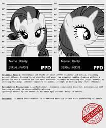 Size: 813x983 | Tagged: safe, artist:dan232323, rarity, pony, unicorn, g4, abuse, bedroom eyes, bribery, crime, female, grayscale, implied theft, monochrome, mugshot, my little criminal records, ocd, raribuse, seduction, tax evasion, text, we don't normally wear clothes