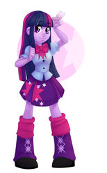 Size: 1141x1851 | Tagged: safe, artist:thepurpah, twilight sparkle, equestria girls, g4, abstract background, clothes, cute, female, leg warmers, miniskirt, peace sign, pleated skirt, shoes, skirt, solo, twiabetes