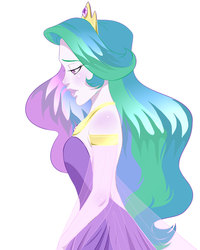 Size: 2000x2500 | Tagged: safe, artist:thepurpah, princess celestia, equestria girls, g4, armband, backless, bare shoulders, clothes, crown, dress, female, high res, jewelry, profile, regalia, sad, simple background, solo, strapless, white background