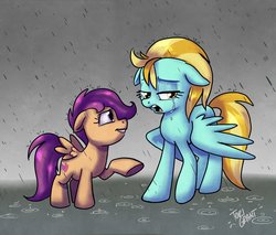 Size: 3670x3128 | Tagged: safe, artist:ohjeetorig, lightning dust, scootaloo, pegasus, pony, g4, commission, high res, official fan art, rain, teary eyes