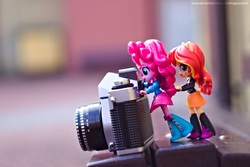 Size: 5417x3611 | Tagged: safe, artist:artofmagicpoland, pinkie pie, sunset shimmer, equestria girls, g4, 35mm camera, doll, equestria girls minis, eqventures of the minis, female, irl, photo, pushing, toy