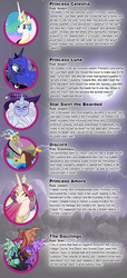 Size: 540x1180 | Tagged: safe, artist:wolfnanaki, adagio dazzle, aria blaze, discord, princess amore, princess celestia, princess luna, sonata dusk, star swirl the bearded, g4, the dazzlings